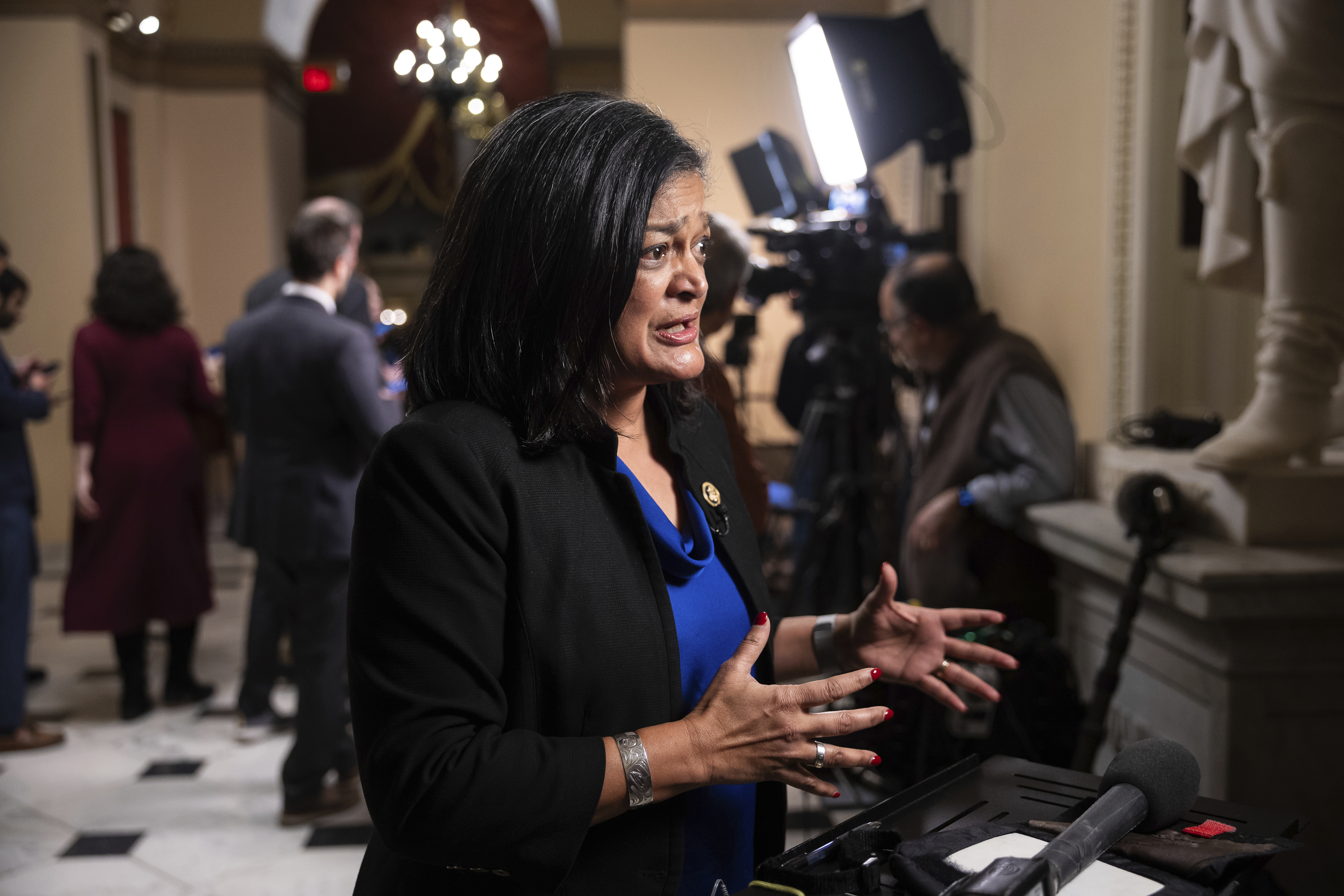 Rep. Pramila Jayapal gives an interview at the U.S. Capitol on Dec. 19.