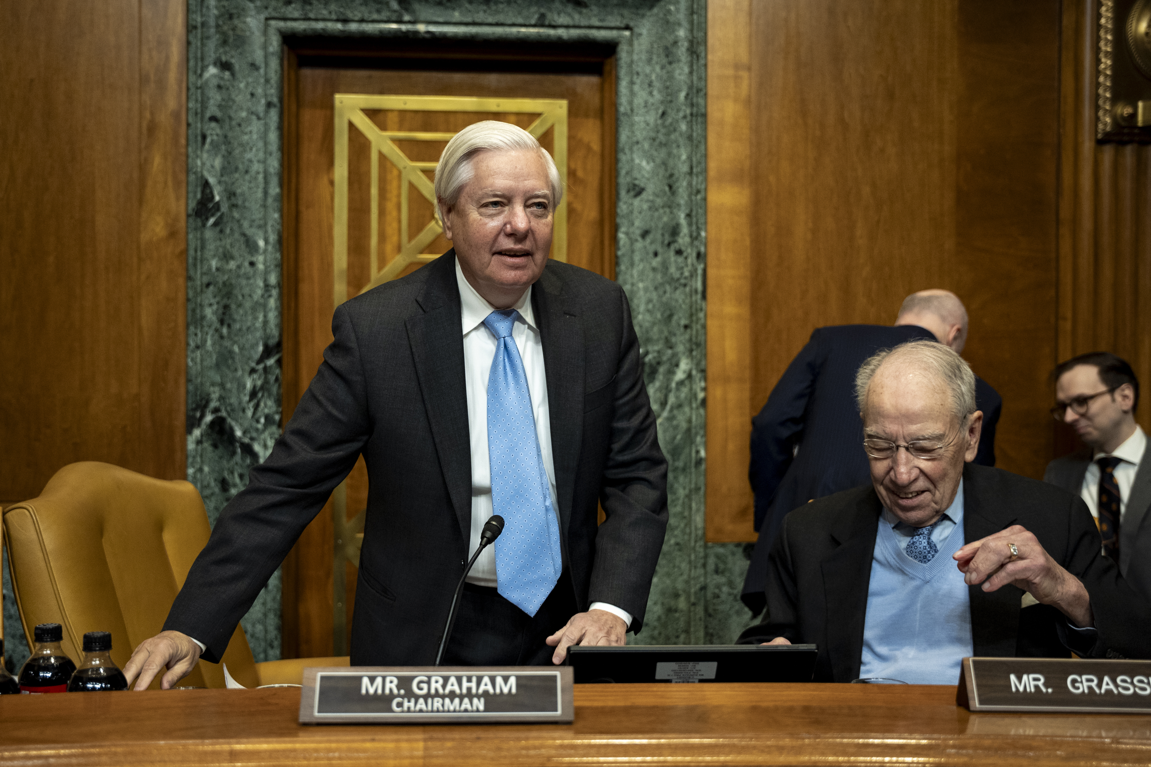 Senate Budget Committee Chair Lindsey Graham (R-S.C.) arrives for the confirmation hearing of Russell Vought, President Trump's nominee for director of the Office of Management and Budget (OMB), on Capitol Hill in Washington, on Jan. 22, 2025.