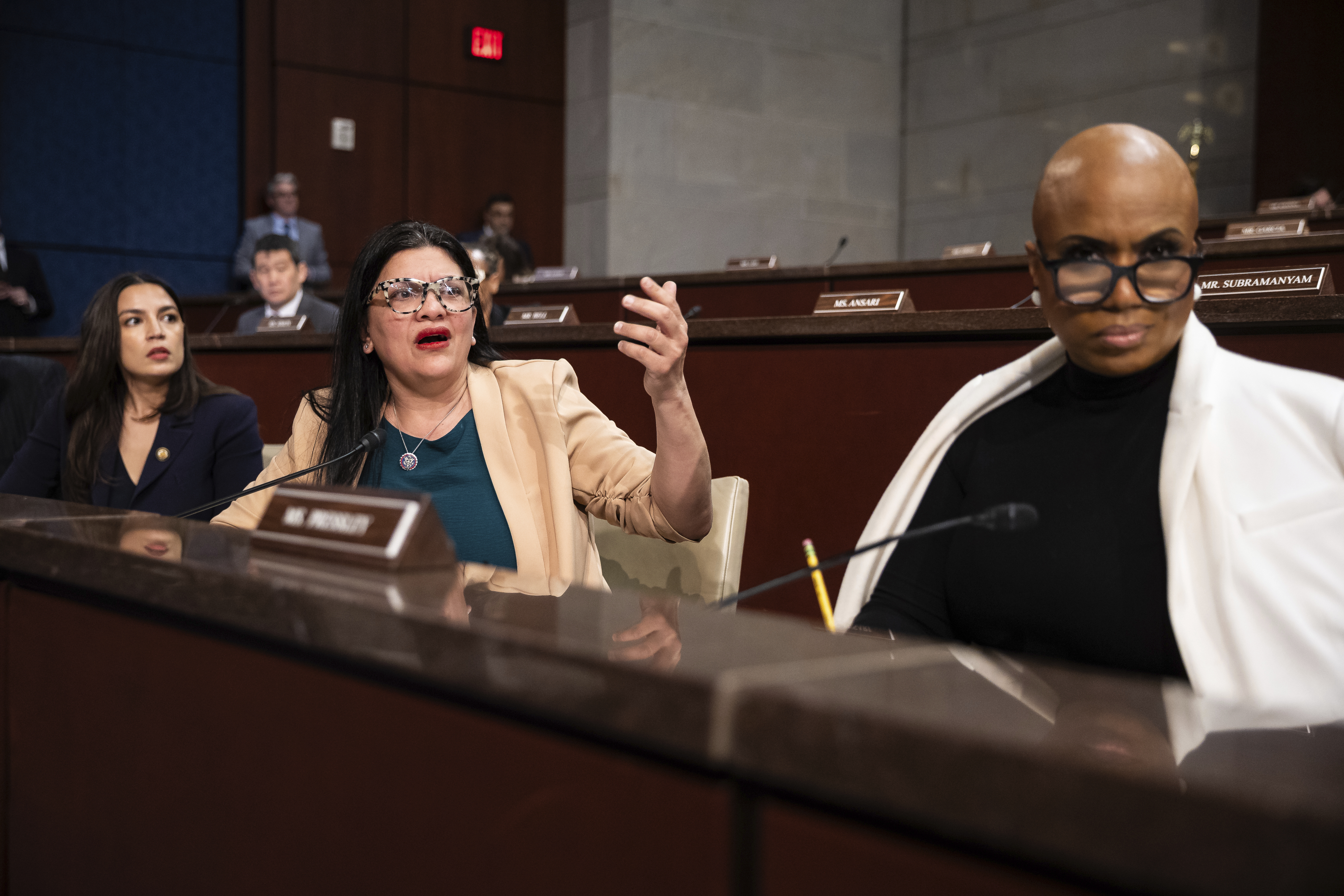 Reps. Alexandria Ocasio-Cortez (D-N.Y.), Rashida Tlaib (D-Mich.), and Ayanna Pressley (D-Mass.) are seen during a House Oversight and Government Reform Committee hearing on sanctuary cities on Capitol Hill, on March 5, 2025.