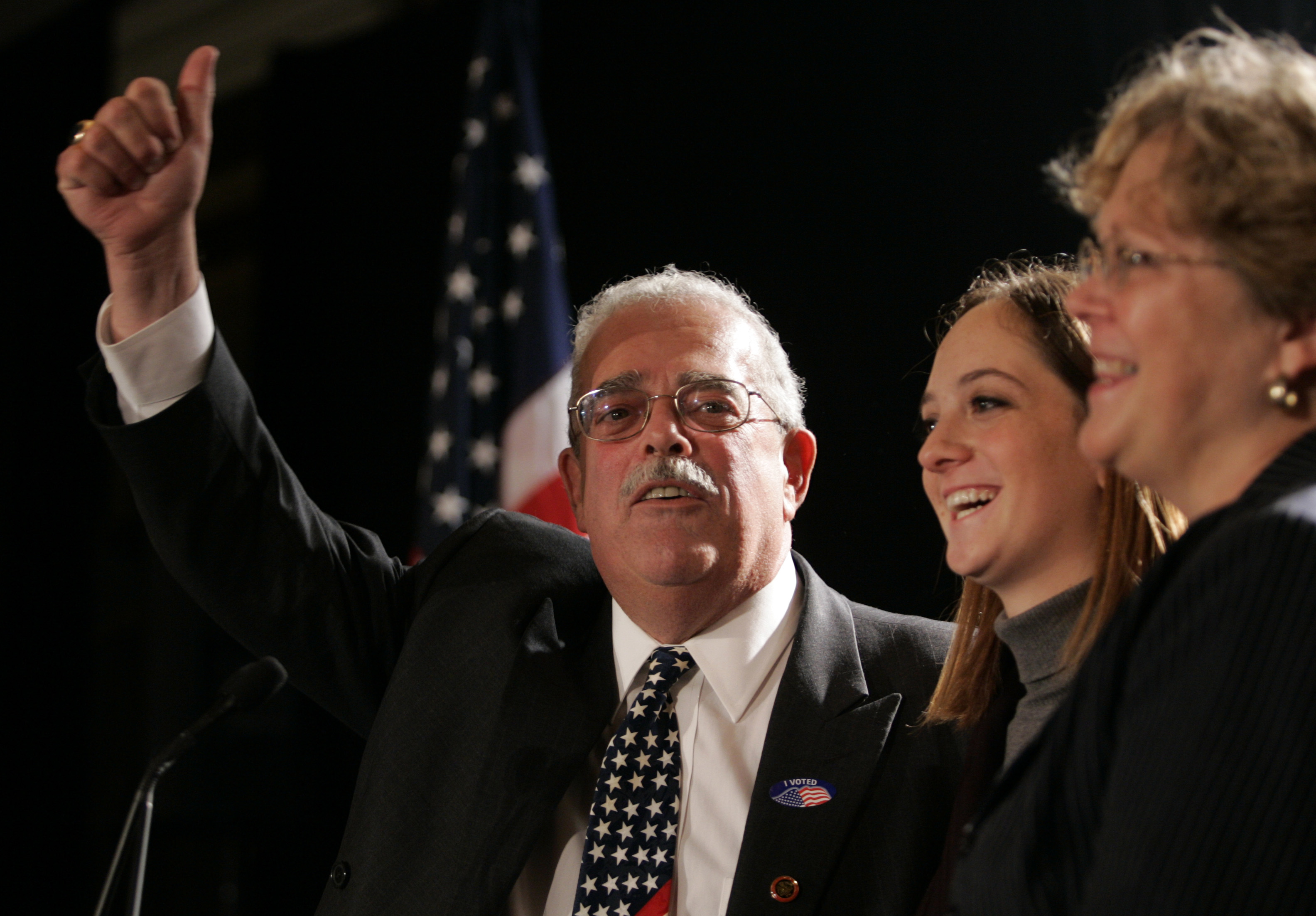 Rep.-elect Gerry Connolly waves to the crowd along with his daughter Caitlin Rose, center, and wife Cathy during a victory party in McLean, Virginia, on Nov. 4, 2008. 
